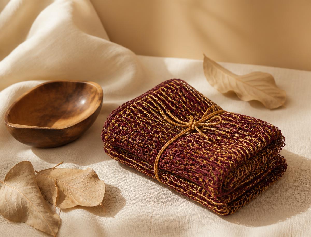 Djampe African exfoliating net, woven in bordeaux and gold, folded on ivory linen